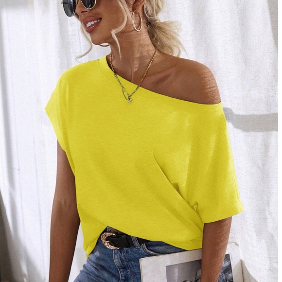 Boat Neck Batwing Sleeve Yellow Tee Shirt Short Sleeve - Picture 1 of 9